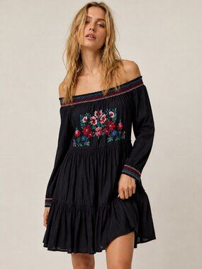 Free People Black Embroidered Off Shoulder Boho Mini Dress Size M